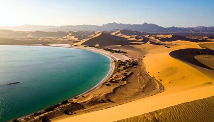 An aerial view showcases a crescent-shaped turquoise lake bordered by golden sand dunes and distant mountains.