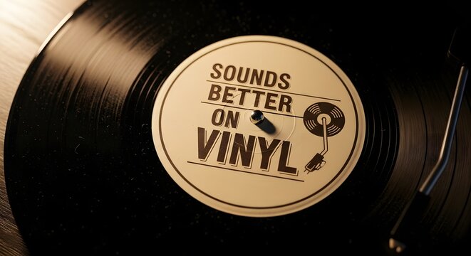 Close-up of a vinyl record with a label that reads 'Sounds Better on Vinyl' and a tonearm in the background, highlighting the nostalgic appeal of analog music playback