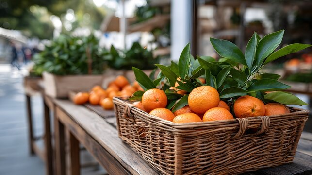 A wicker basket filled with fresh oranges and green leaves displayed on a wooden table at an outdoor market creating a natural produce scene