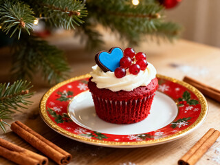 Festive Red Velvet Cupcake with Holiday Decorations
