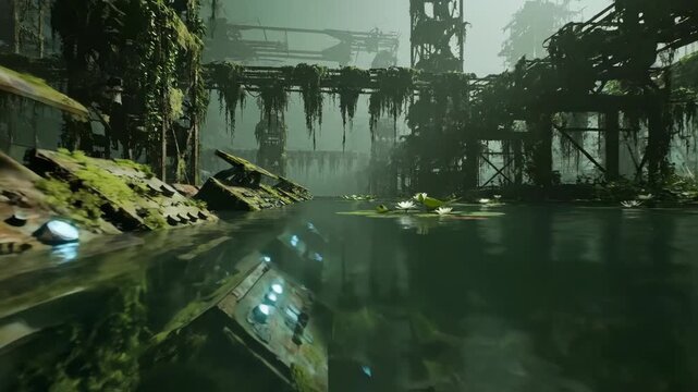 Ancient robotic assembly hall reclaimed by swamp waters. Overgrown metal structures emerge from lily pad covered pools with glowing reflections. Post-apocalyptic nature overtaking technology in