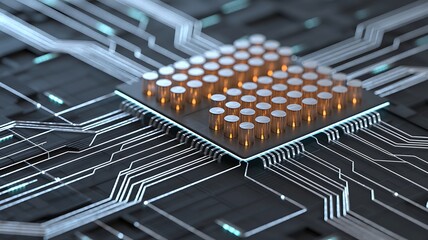 A detailed close up image illustrating a computer processor chip featuring intricate circuitry and advanced technology with a futuristic aesthetic