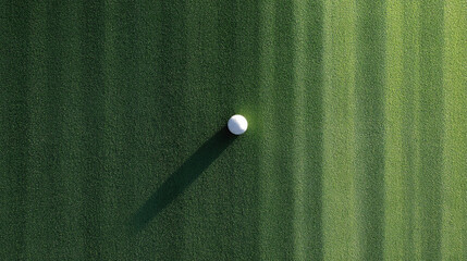 Aerial view of a crisp white sphere, casting a long shadow on manicured, green turf. Evokes precision, serenity, and the outdoors. Ideal for sports or success themes.