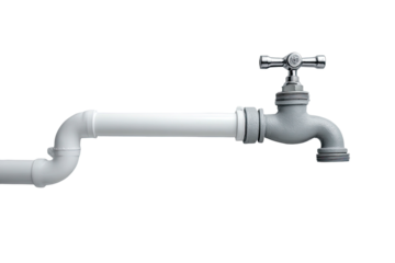 Silver faucet connected to white pipes against a dark background