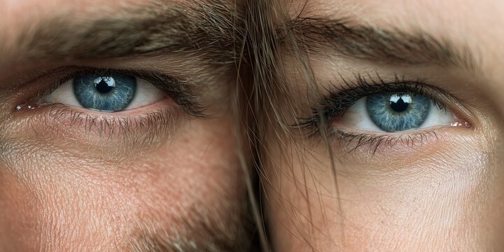 An intensely detailed ultra-macro close-up portrait featuring the merged halves of a man's and a woman's faces, split perfectly down the center
