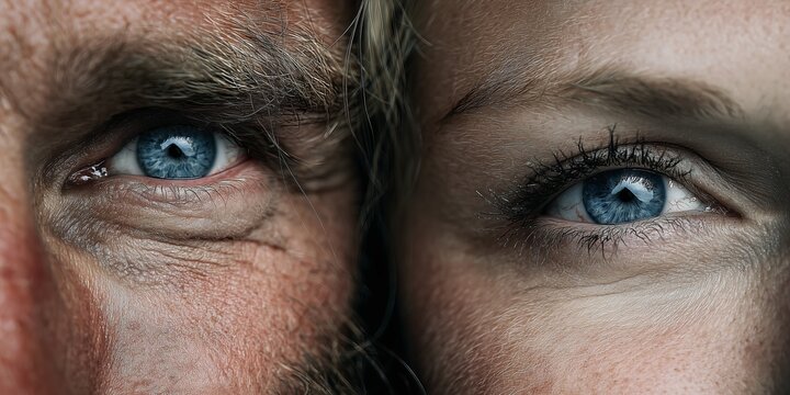An intensely detailed ultra-macro close-up portrait featuring the merged halves of a man's and a woman's faces, split perfectly down the center - Powered by Adobe