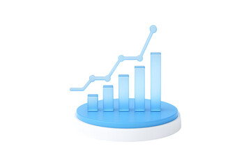 blue glass graph with point chart icon on white podium, isolated on a white background