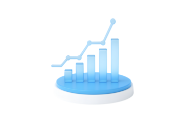 blue glass graph with point chart icon on white podium, isolated on a white background
