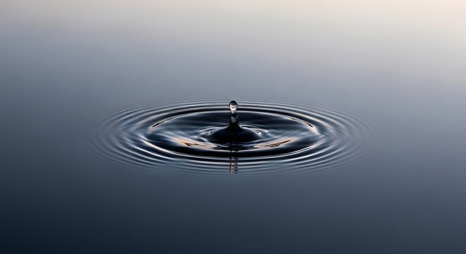 A close-up of a single water droplet creating ripples on a calm, reflective surface of a body of water under soft natural lighting conditions
