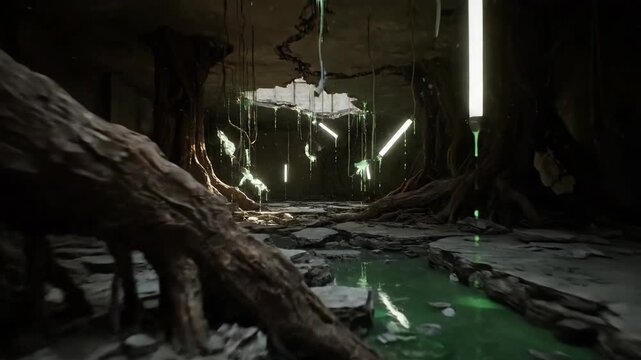 Tree roots splitting open biotech vault in underground facility. Nature invading sci-fi structure with glowing cracks and debris. Conceptual 3d animation of environmental takeover in futuristic
