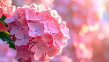 A cluster of soft pink hydrangea flowers is shown in close-up, with the background softly blurred into a bokeh of pink and white.