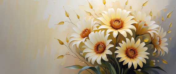 Creamy white and soft yellow daisy-like flowers with brown-orange centers in an artistic oil painting against a subtle painterly background with copyspace. Banner, wallart