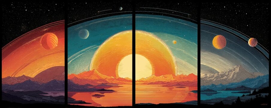 Vibrant four-panel vector artwork depicting planets and the solar system