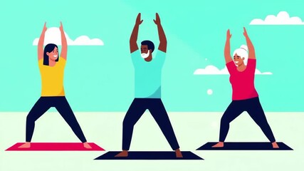 Diverse group of people of different ages practicing yoga and stretching together outdoors for a healthy lifestyle. A multi-generational fitness class promoting wellness and vitality