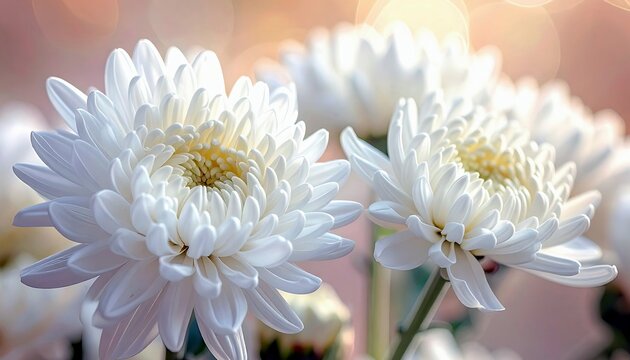 A close-up view of several white chrysanthemums with intricate petals, set against a soft, blurred background with warm bokeh lights.