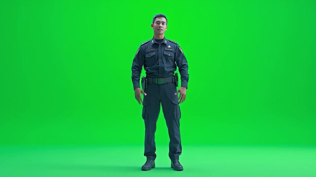 Guardian in Green: A dignified officer of the law stands tall against a vibrant green backdrop, embodying strength and preparedness. Perfect for showcasing authority and service.