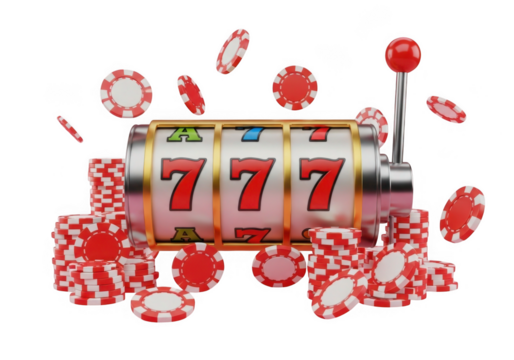 Lucky seven slot machine with casino chips isolated on transparent background for gaming and gambling