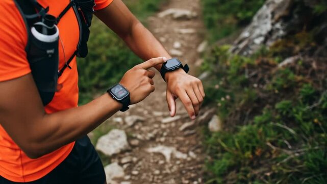 Runner checks smartwatch while on a trail; wearing bright orange shirt, hydration pack