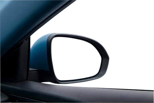 Car side view mirror with a blank white screen for mockup isolated on a white background