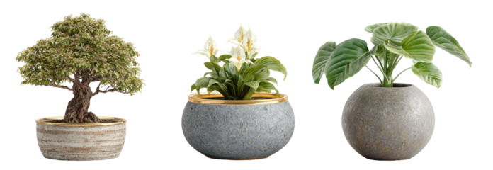 Three potted plants in ornate, round, rustic pots