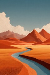 Naklejka premium Abstract illustration of a serene desert landscape with flowing river