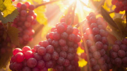 Ripe red grapes hang from green vines under warm sunlight