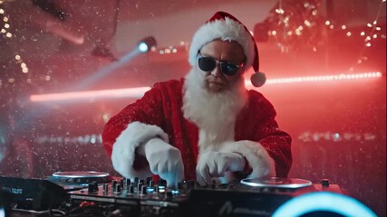 DJ Santa Claus mixing tracks on a controller at a Christmas nightclub party. Festive holiday event with energetic music and falling snow - Powered by Adobe