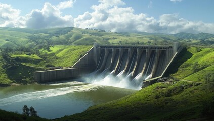 Hydroelectric power dam with water flowing through spillways into a river, surrounded by lush green hills and cloudy sky.
