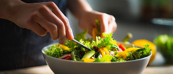 Hands preparing a fresh salad with lettuce peppers and other vegetables in a white bowl on a table