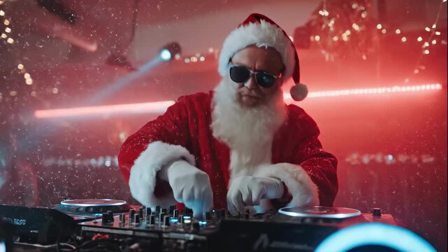 DJ Santa Claus mixing tracks on a controller at a Christmas nightclub party. Festive holiday event with energetic music and falling snow