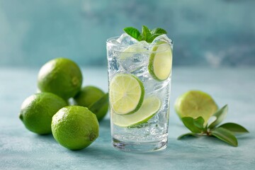Fototapeta premium Refreshing Lime Drink Served With Fresh Limes on a Light Blue Background