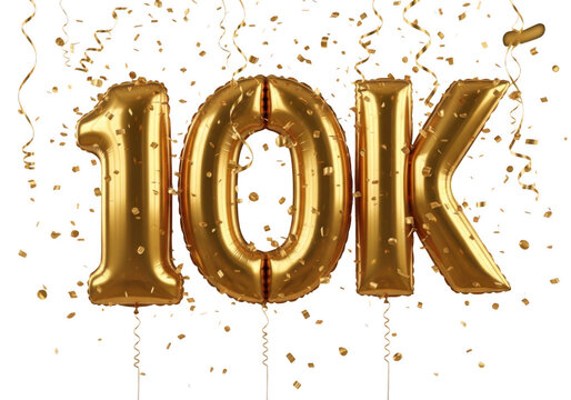 Golden 10k balloons isolated on transparent background for celebration and achievement.