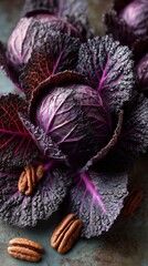 Fresh Red Cabbage and Pecans Arranged Beautifully on a Wooden Surface