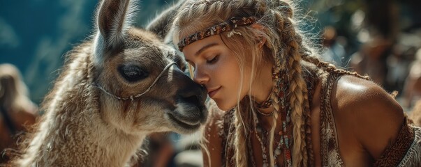 Obraz premium Woman sharing a gentle moment with a llama in a scenic setting