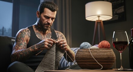 Man knits in cozy living room while enjoying wine in the evening light