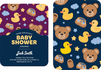 Cute baby shower invitation design with rubber duck, teddy bear, baby shoes, seamless pattern background, playful newborn celebration card layout, pastel illustration style