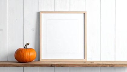 Autumnal Frame Mockup with Pumpkin on Wooden Shelf.