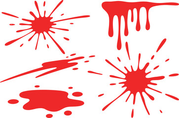 Dark red dripping splatter vector set with glossy liquid stains, burst splash shapes, flowing drips for graphic design and creative illustration projects
