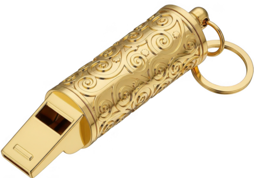 Ornate gold whistle isolated on transparent background for emergency or sports