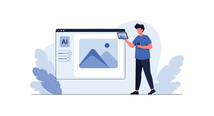 Man holding tablet interacting with digital interface showcasing website design and content creation process