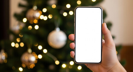 Maquette de smartphone dans la main avec écran vide devant un sapin de Noël - main qui tient un téléphone