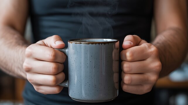 A person holding a steaming grey ceramic mug with both hands offering warmth and a moment of relaxation. - Powered by Adobe
