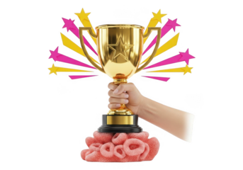 Golden trophy with stars isolated on transparent background for achievement and success