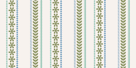 Seamless pattern with ink doodle abstract flowers and strokes in vertical stripes. Trendy cottage core background. Hand drawn vector illustration. Boho, beach, preppy wallpaper.