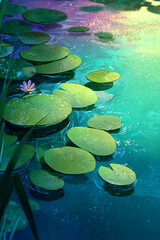 Lily Pads on Pond Water | Artistic Painting with Neon Green and Purple Hues | Serene Nature Background Illustration | Water Lilies