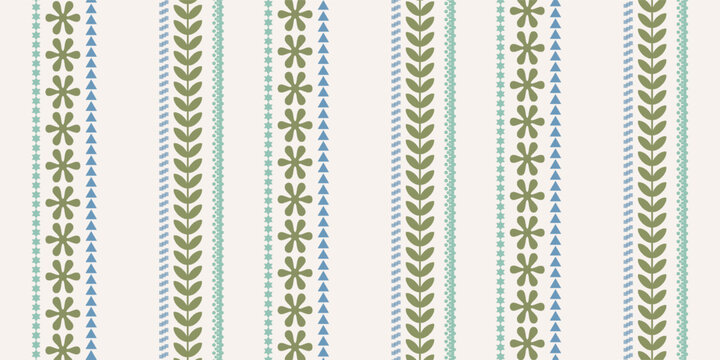 Seamless pattern with ink doodle abstract flowers and strokes in vertical stripes. Trendy cottage core background. Hand drawn vector illustration. Boho, beach, preppy wallpaper.