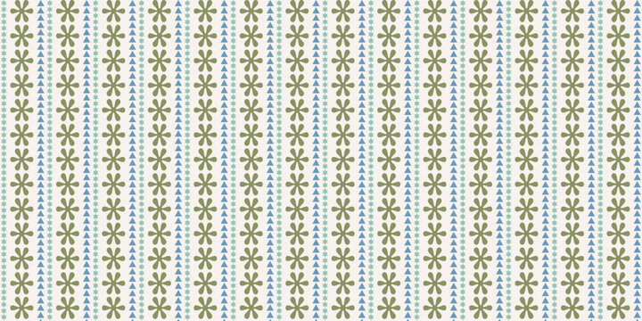 Seamless pattern with ink doodle abstract flowers and strokes in vertical stripes. Trendy cottage core background. Hand drawn vector illustration. Boho, beach, preppy wallpaper.