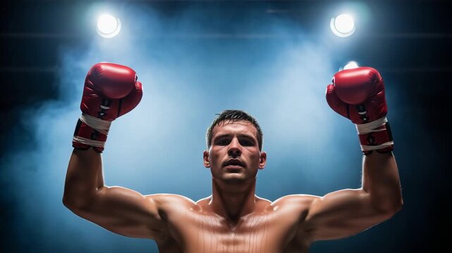 Victorious boxer displays red gloves under bright studio lighting