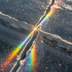 Obraz premium A macro image of a crack in a dark ice column; a ray of light falls at a certain angle, is refracted at the edges of the fault and breaks up into a bright rainbow spectrum.