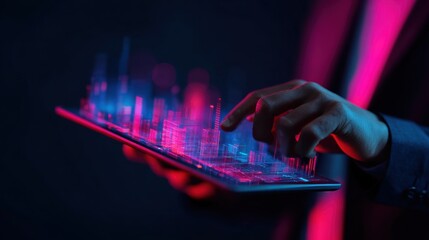 Businessman Using Touchscreen Tablet with Digital Data Visualizations in Dark Environment